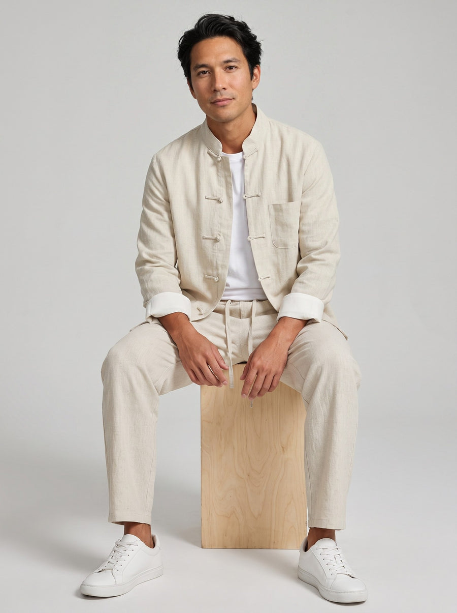 Pure Linen Tang Suit Two-Piece Set 纯亚麻唐装两件套