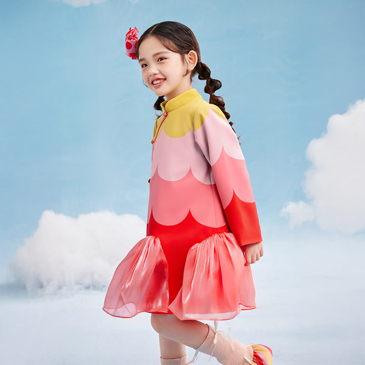 Scallop Color Block Qipao Dress 幻彩糖羽旗袍裙