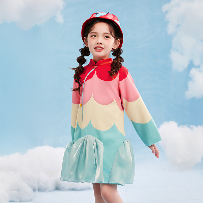 Scallop Color Block Qipao Dress 幻彩糖羽旗袍裙
