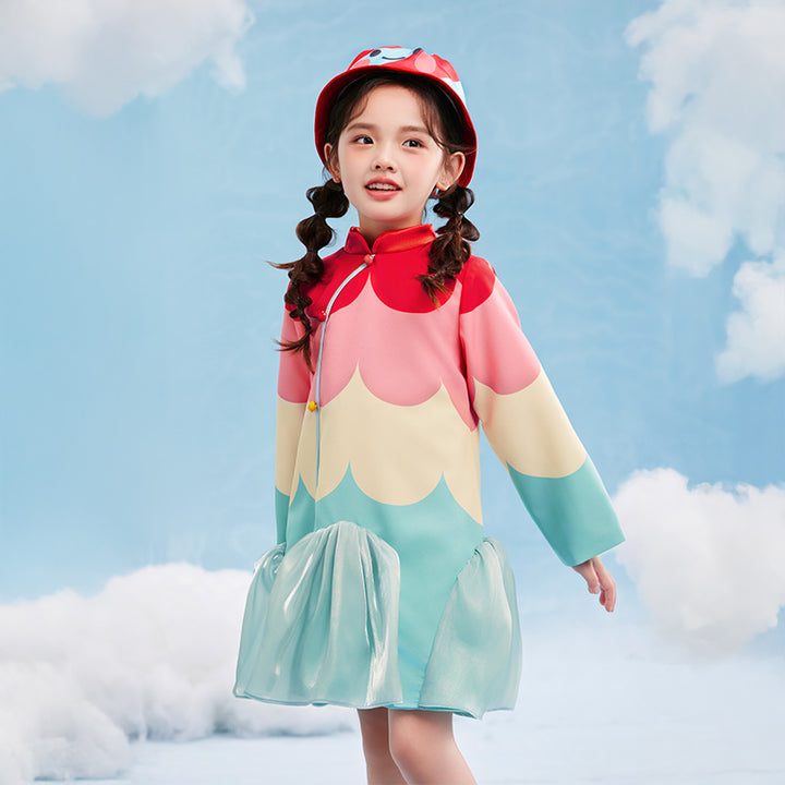 Scallop Color Block Qipao Dress 幻彩糖羽旗袍裙