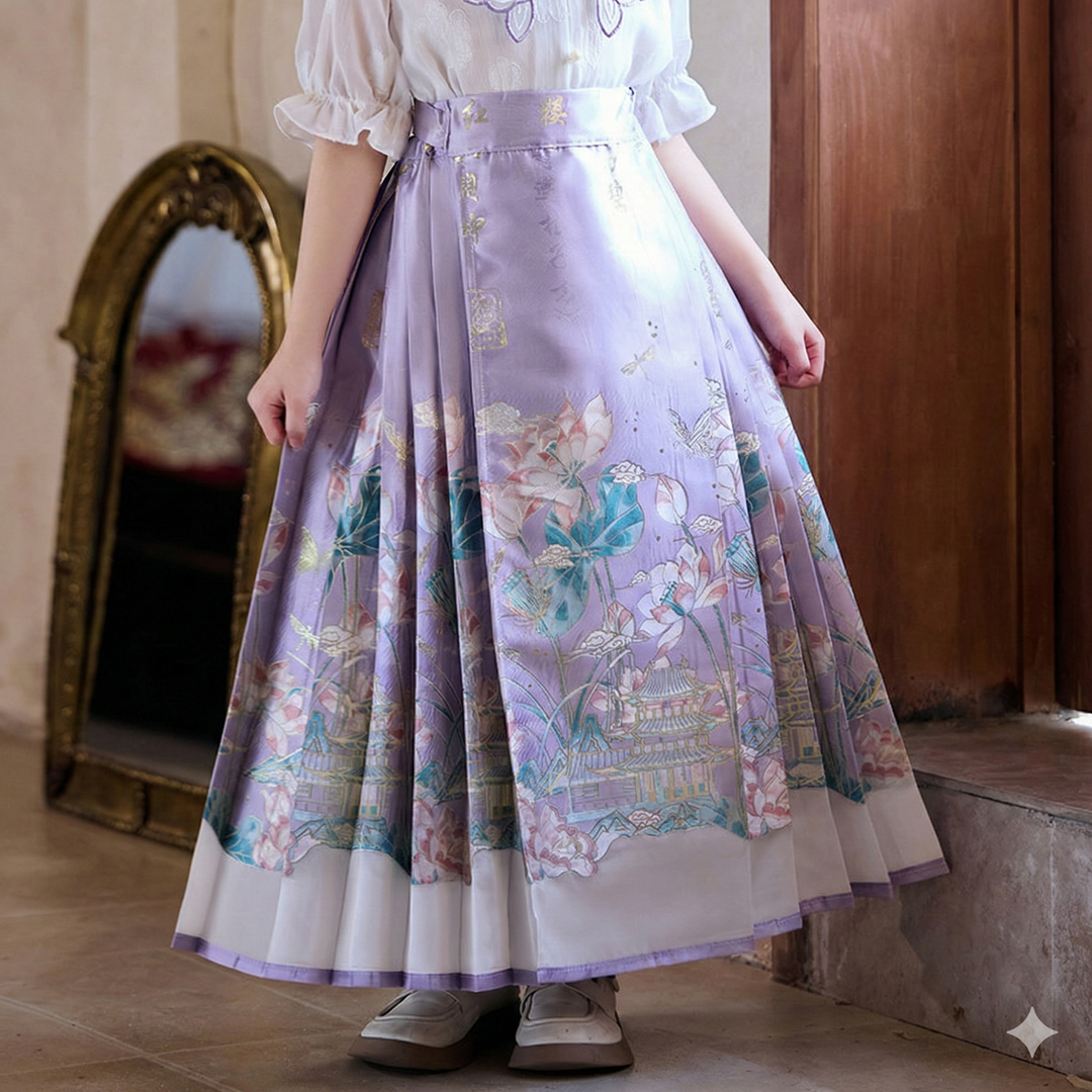 MaMianQuan Chinese pleaded skirt with sheer panel