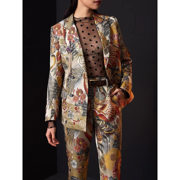 JACQUARD CRANE PRINT BLAZER & CROP PANT SET
