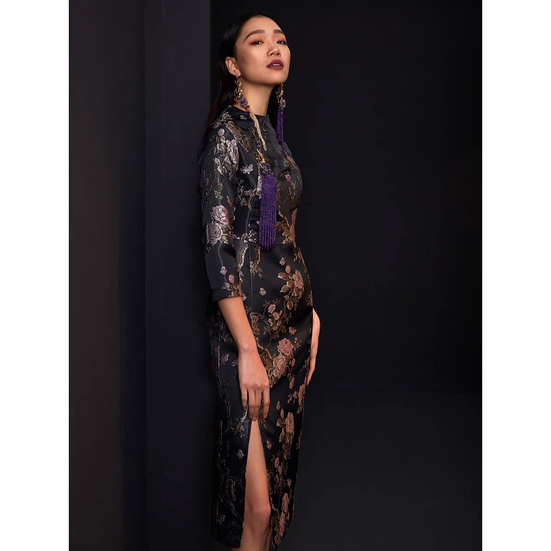 JACQUARD CONTEMPORARY CROP SLEEVE FITTED CHEONGSAM DRESS