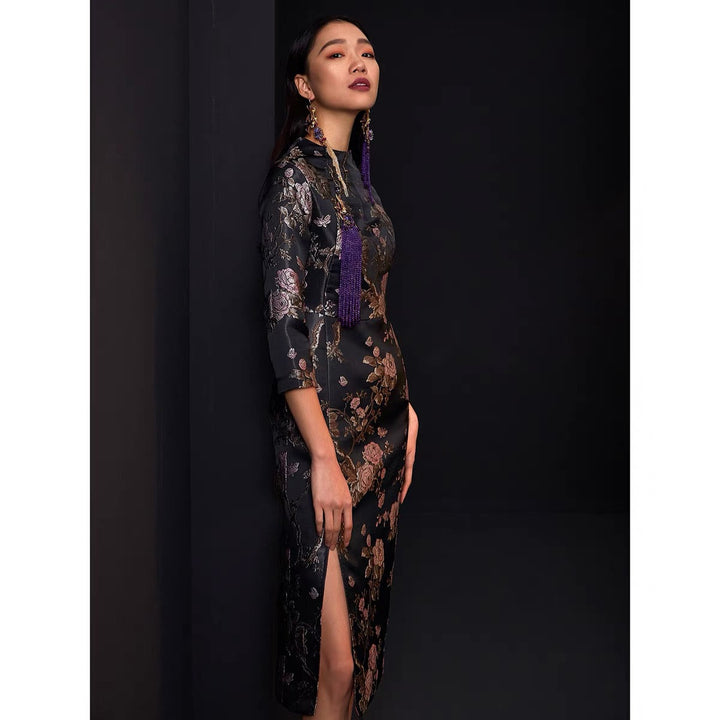 JACQUARD CONTEMPORARY CROP SLEEVE FITTED CHEONGSAM DRESS