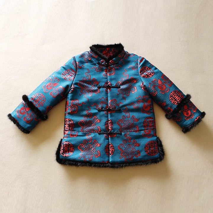 PADDED CHEONGSAM JACKET WITH FAUX FUR IN BLUE