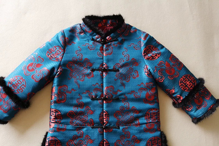 PADDED CHEONGSAM JACKET WITH FAUX FUR IN BLUE