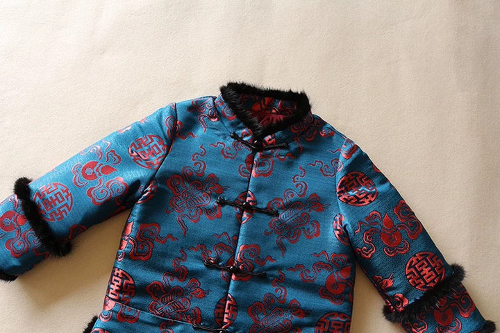 PADDED CHEONGSAM JACKET WITH FAUX FUR IN BLUE