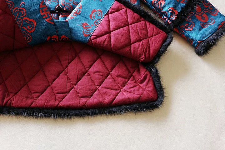 PADDED CHEONGSAM JACKET WITH FAUX FUR IN BLUE