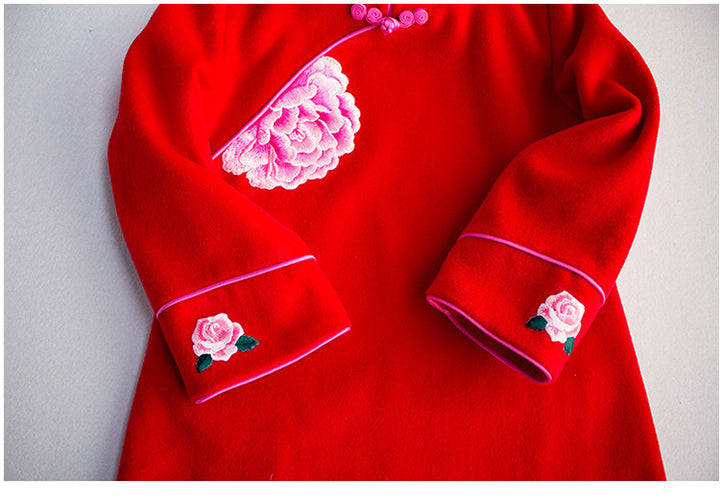 LONG SLEEVE CASHMERE BLEND CHEONGSAM TUNIC IN RED