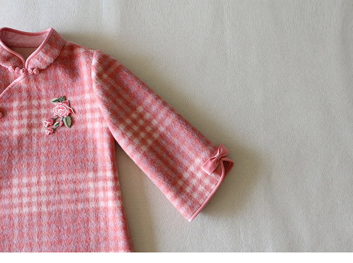 LONG SLEEVE CASHMERE BLEND CHEONGSAM TUNIC SMALL PLAID