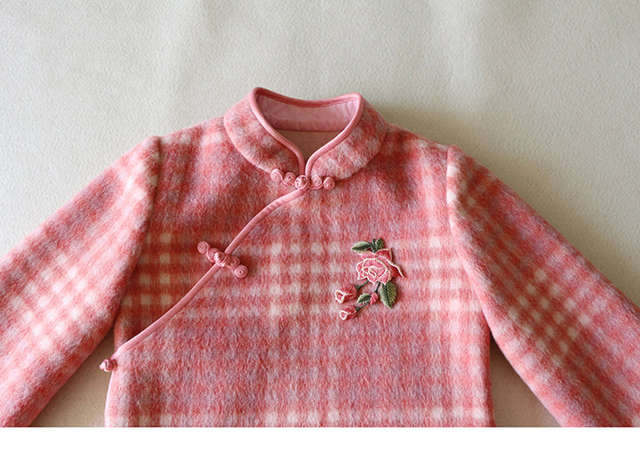 LONG SLEEVE CASHMERE BLEND CHEONGSAM TUNIC SMALL PLAID