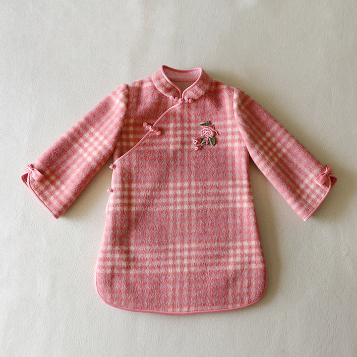 LONG SLEEVE CASHMERE BLEND CHEONGSAM TUNIC SMALL PLAID