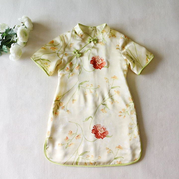 PAINED SILK CHEONGSAM DRESS IN YELLOW