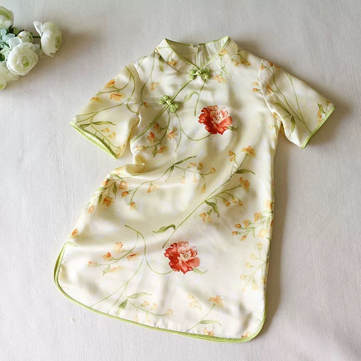 PAINED SILK CHEONGSAM DRESS IN YELLOW