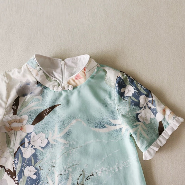 PAINED SILK CHEONGSAM DRESS WITH RUFFLE SLEEVE