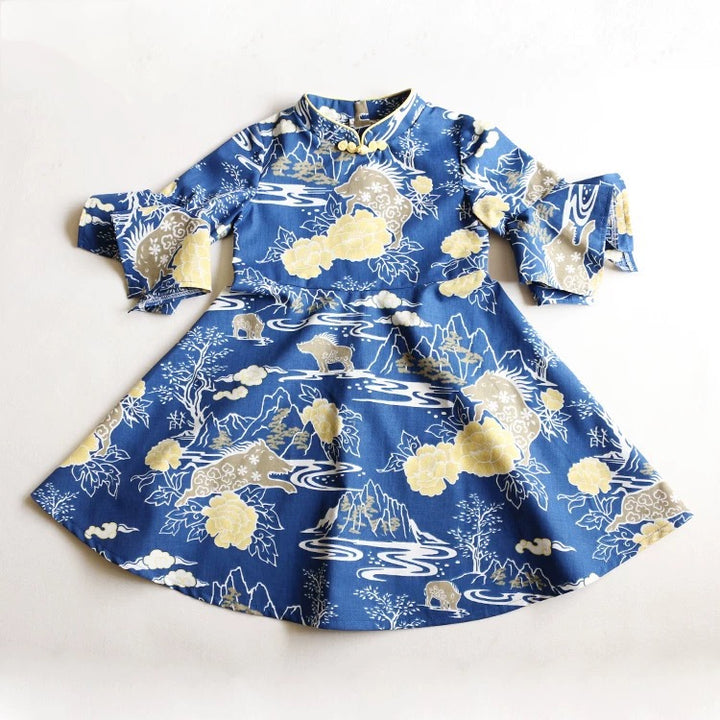 RUFFLE SLEEVE PRINCESS DRESS IN BLUE