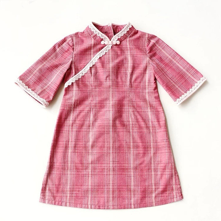 MID SLEEVE PLAID DRESS WITH LACE HEM