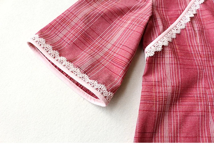 MID SLEEVE PLAID DRESS WITH LACE HEM