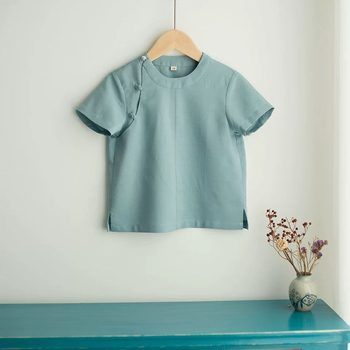 SHORT SLEEVE LINEN ASYMMETRIC PANKOU TOP