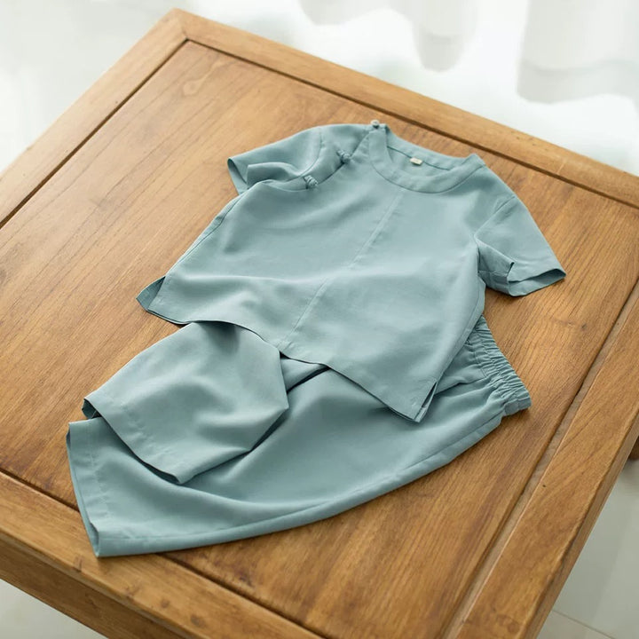 SHORT SLEEVE LINEN ASYMMETRIC PANKOU TOP