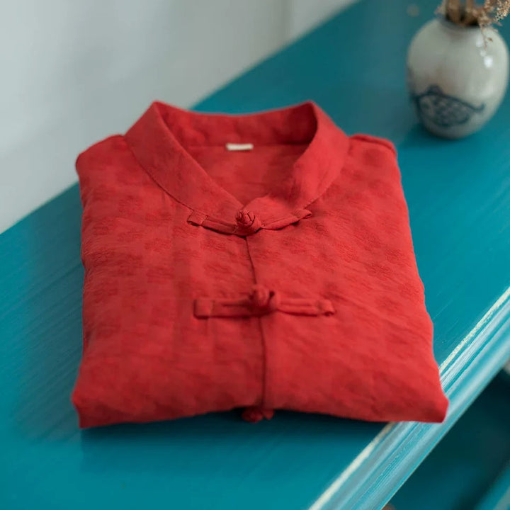 RED SHORT SLEEVE LINEN PANKOU TOP