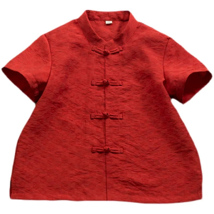 RED SHORT SLEEVE LINEN PANKOU TOP