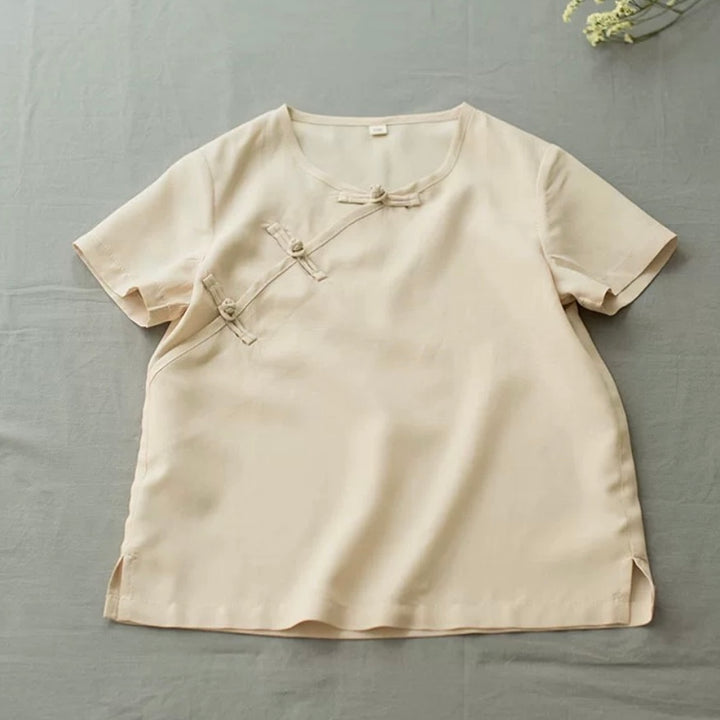 SHORT SLEEVE LINEN ASYMMETRIC PANKOU T-SHIRT