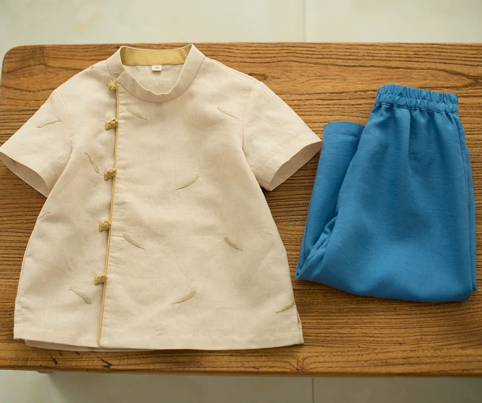 SHORT SLEEVE LINEN SIDE PANKOU TOP WITH EMBROIDERY