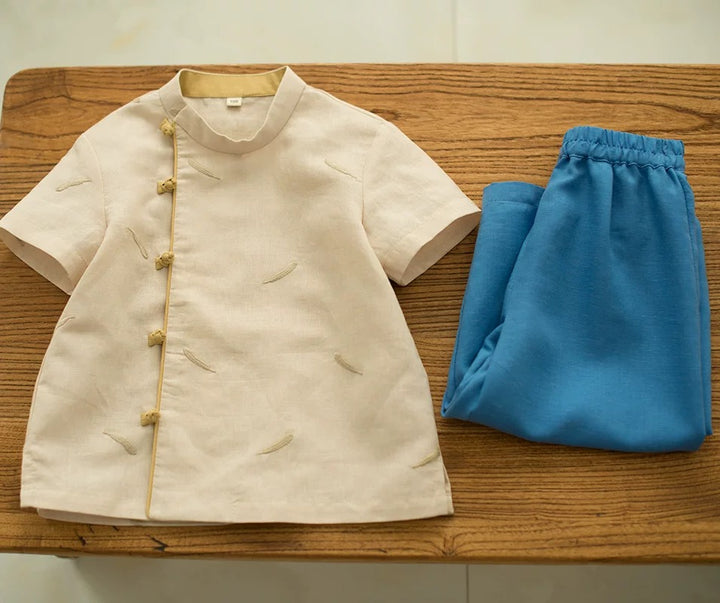 SHORT SLEEVE LINEN SIDE PANKOU TOP WITH EMBROIDERY
