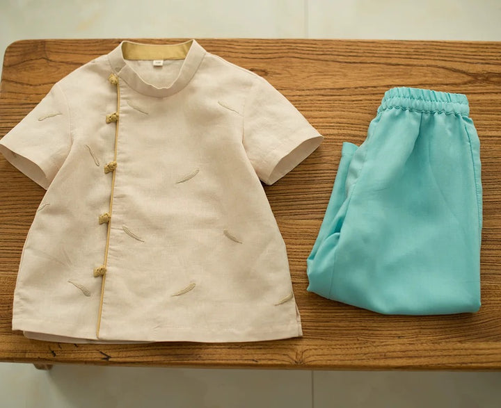 SHORT SLEEVE LINEN SIDE PANKOU TOP WITH EMBROIDERY