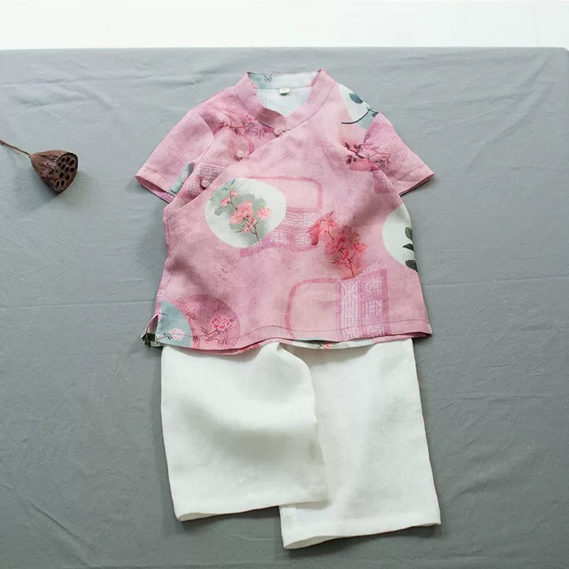 SHORT SLEEVE LINEN FLOWER PRINT TOP