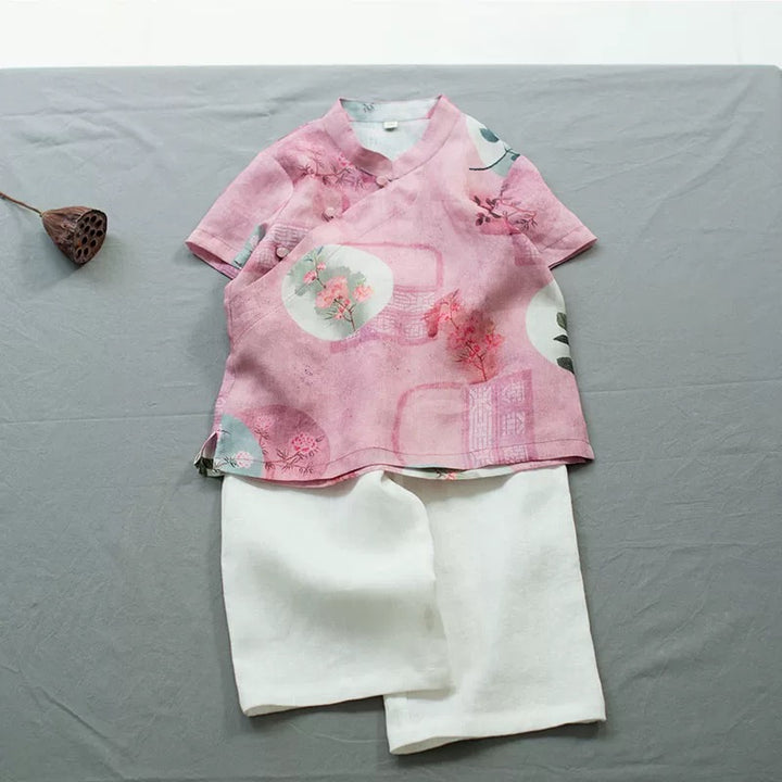 SHORT SLEEVE LINEN FLOWER PRINT TOP