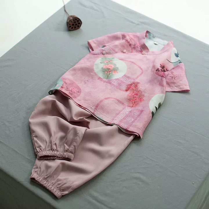 SHORT SLEEVE LINEN FLOWER PRINT TOP
