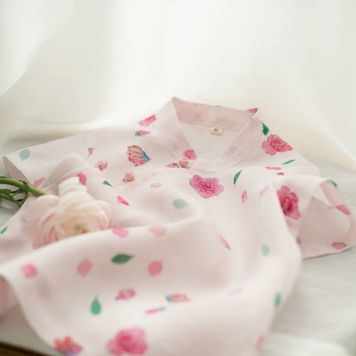 SHORT SLEEVE LINEN FLOWER & BUTTERFLY PRINT TOP
