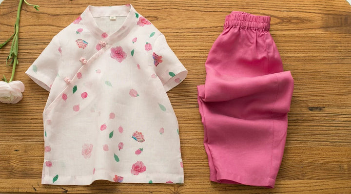 SHORT SLEEVE LINEN FLOWER & BUTTERFLY PRINT TOP