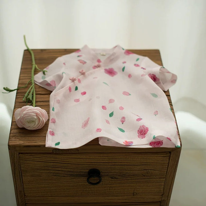 SHORT SLEEVE LINEN FLOWER & BUTTERFLY PRINT TOP