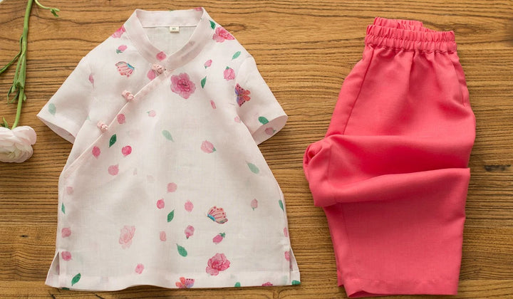 SHORT SLEEVE LINEN FLOWER & BUTTERFLY PRINT TOP