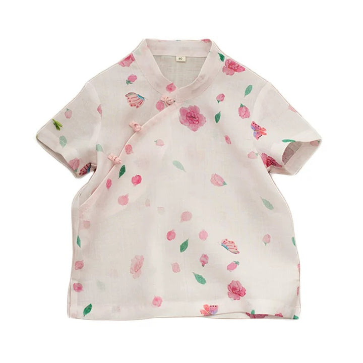 SHORT SLEEVE LINEN FLOWER & BUTTERFLY PRINT TOP
