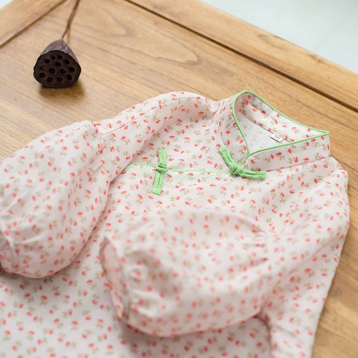 BALLOOM SLEEVE LINEN MINI ROSES DRESS