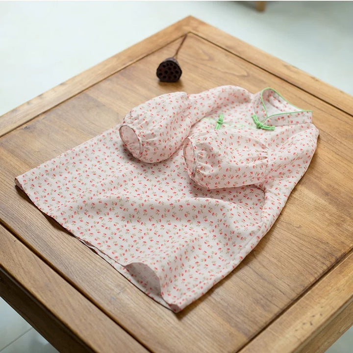 BALLOOM SLEEVE LINEN MINI ROSES DRESS