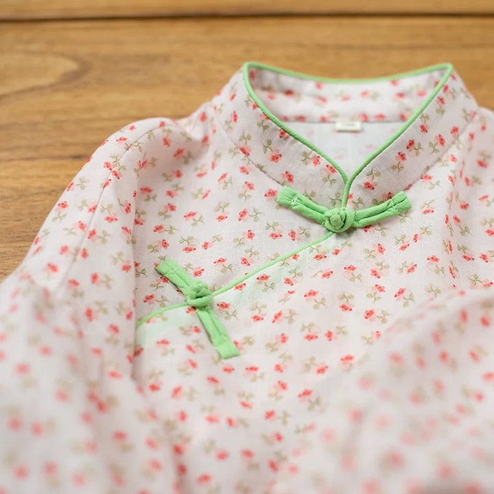 BALLOOM SLEEVE LINEN MINI ROSES DRESS