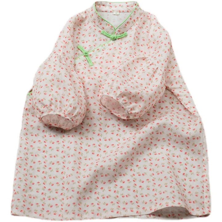 BALLOOM SLEEVE LINEN MINI ROSES DRESS