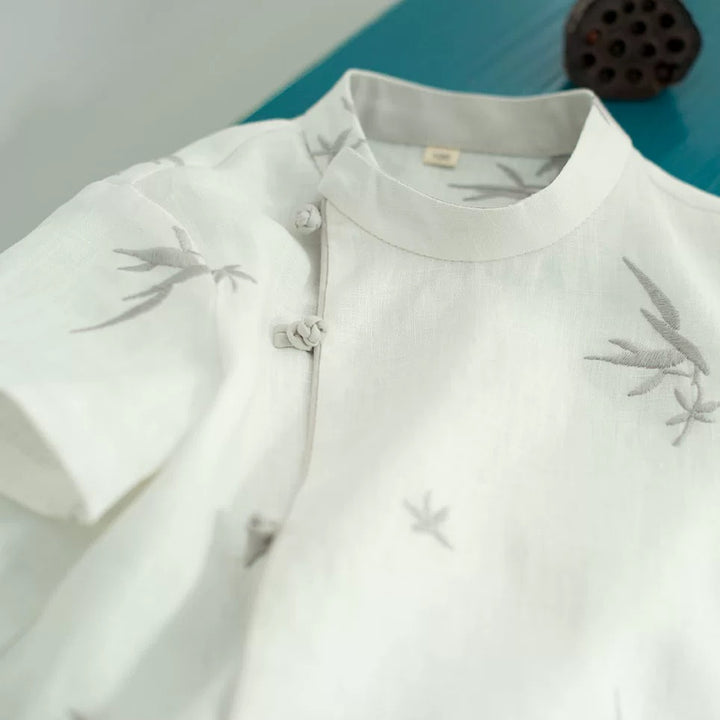 SHORT SLEEVE LINEN SIDE PANKOU TOP WITH BAMBOO EMBROIDERY