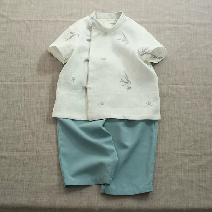 SHORT SLEEVE LINEN SIDE PANKOU TOP WITH BAMBOO EMBROIDERY