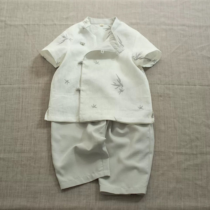 SHORT SLEEVE LINEN SIDE PANKOU TOP WITH BAMBOO EMBROIDERY
