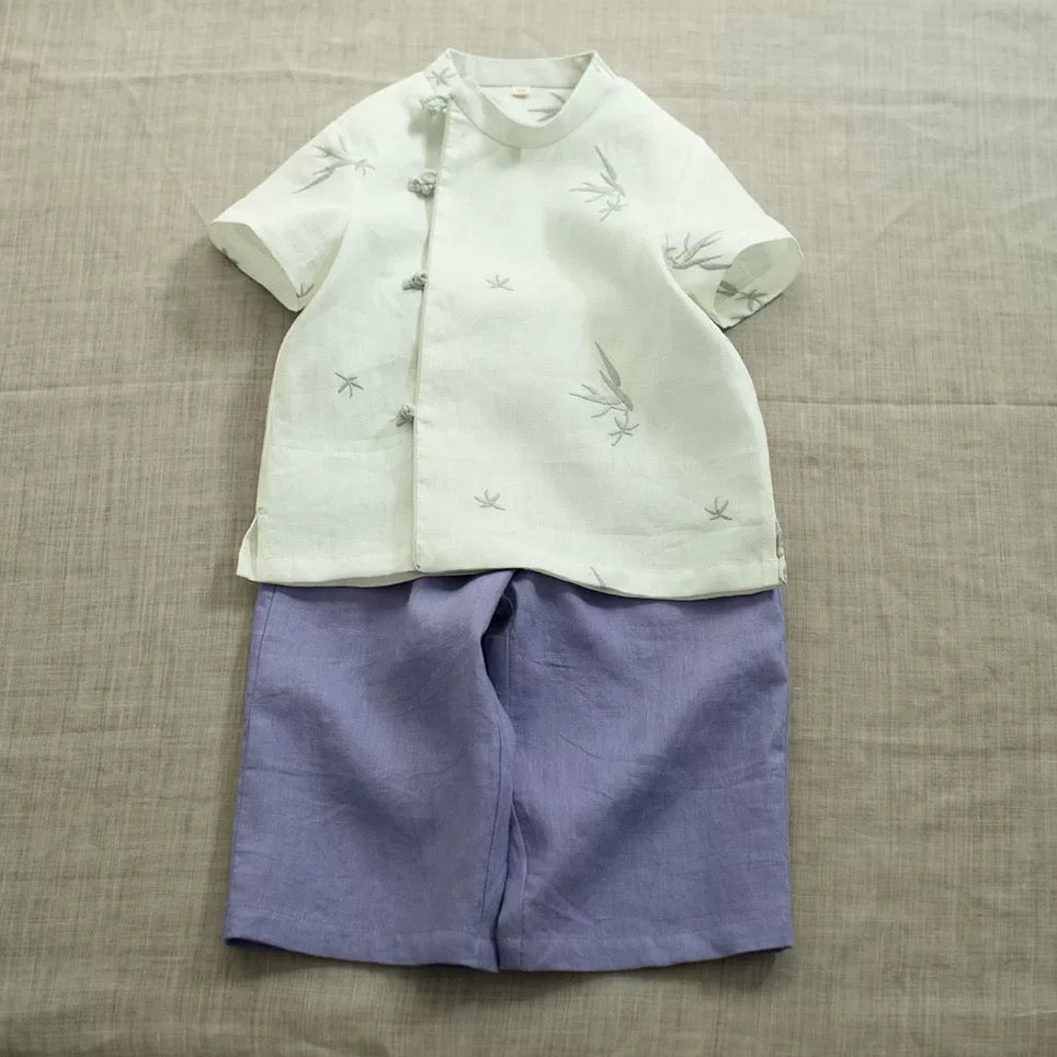 SHORT SLEEVE LINEN SIDE PANKOU TOP WITH BAMBOO EMBROIDERY