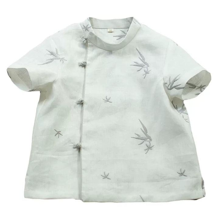 SHORT SLEEVE LINEN SIDE PANKOU TOP WITH BAMBOO EMBROIDERY