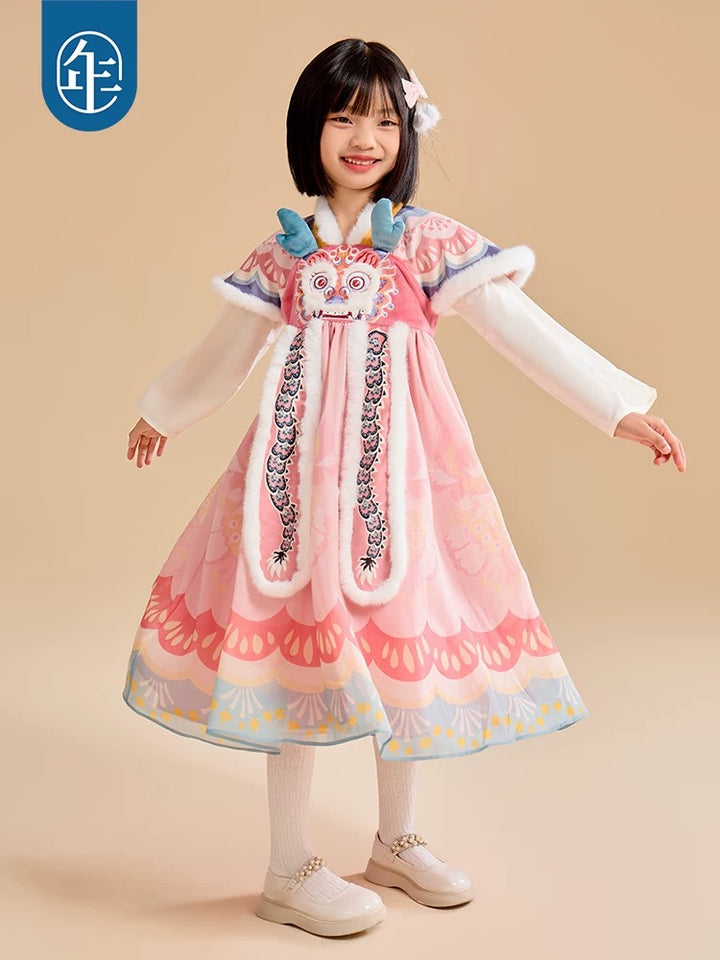 FAUX FUR TRIM DRAGON YEAR CELEBRATION DRESS