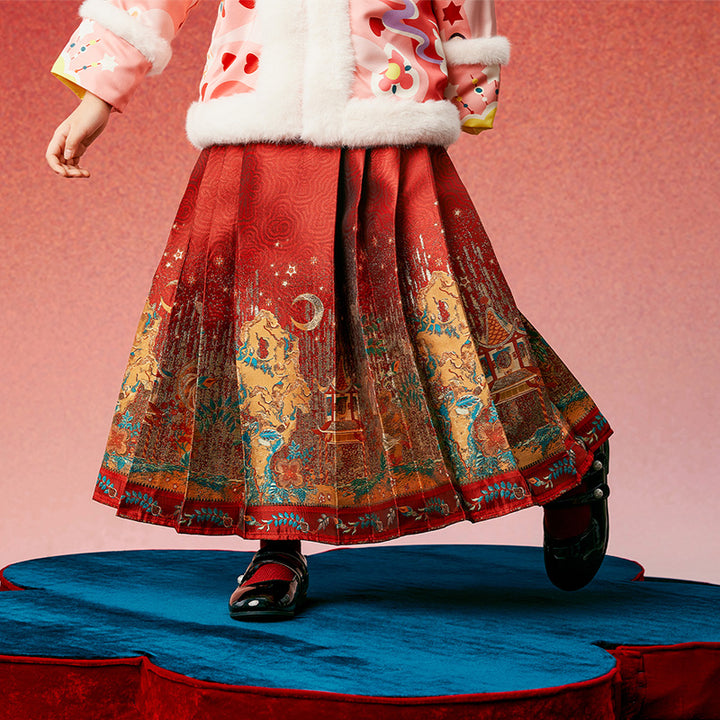 Glided Floral Chinese Pleated Skirt