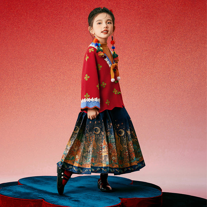 Glided Floral Chinese Pleated Skirt